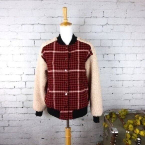 Ro & De Sherpa Sleeve Houndstooth Plaid Jacket Red Size XS - Picture 1 of 6